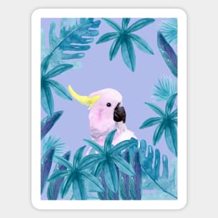 Cockatoo with tropical leaves in watercolor and a violet background Sticker